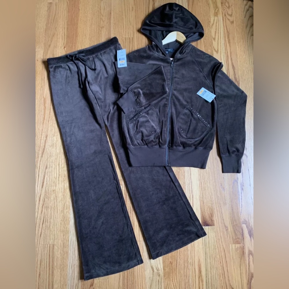 NWT Vintage Karen Kane Women Brown Velour Hoodie Pant Sweat Track Suit Sz Small
